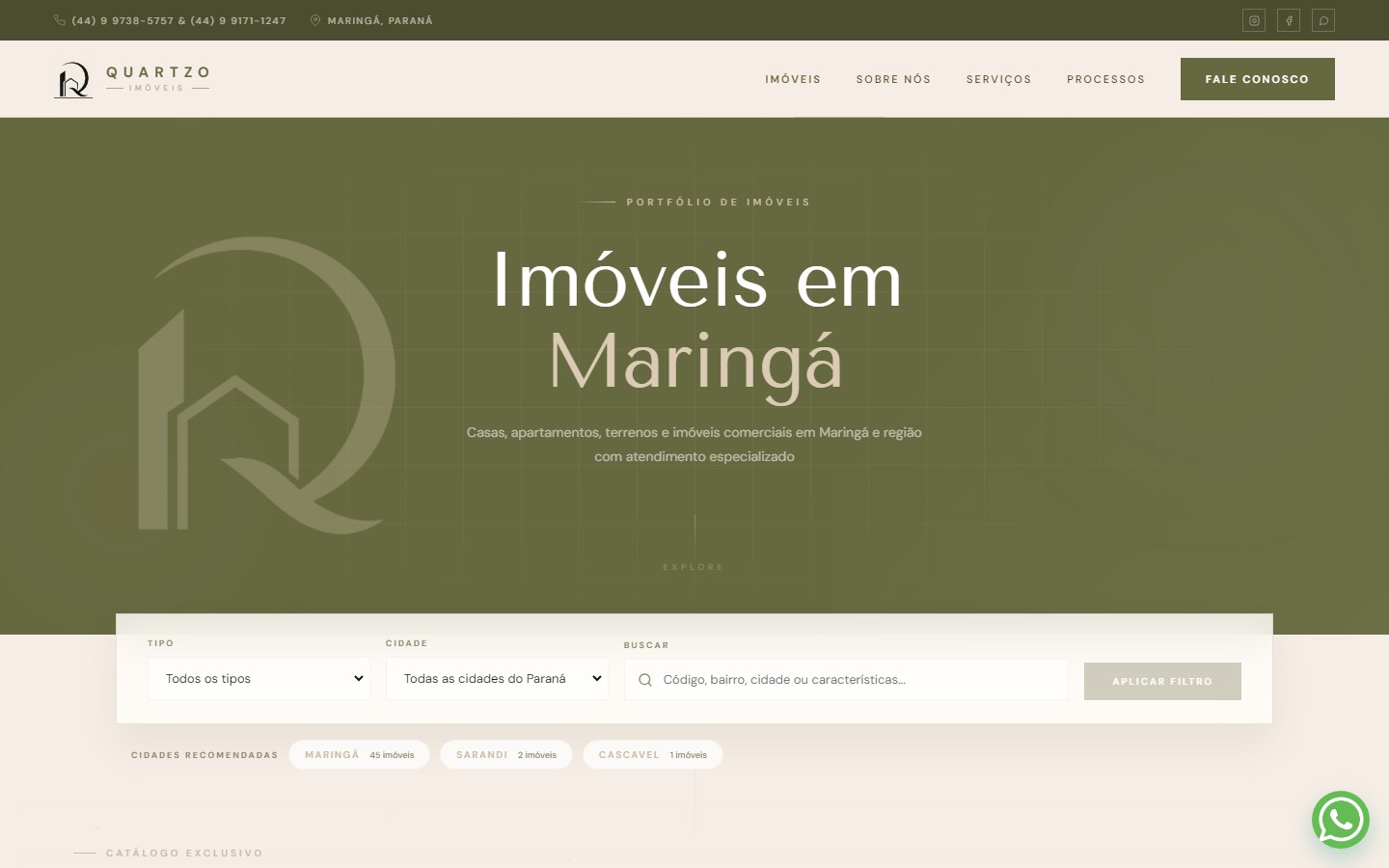 Site da Quartzo Imóveis — busca de imóveis em Maringá com filtros