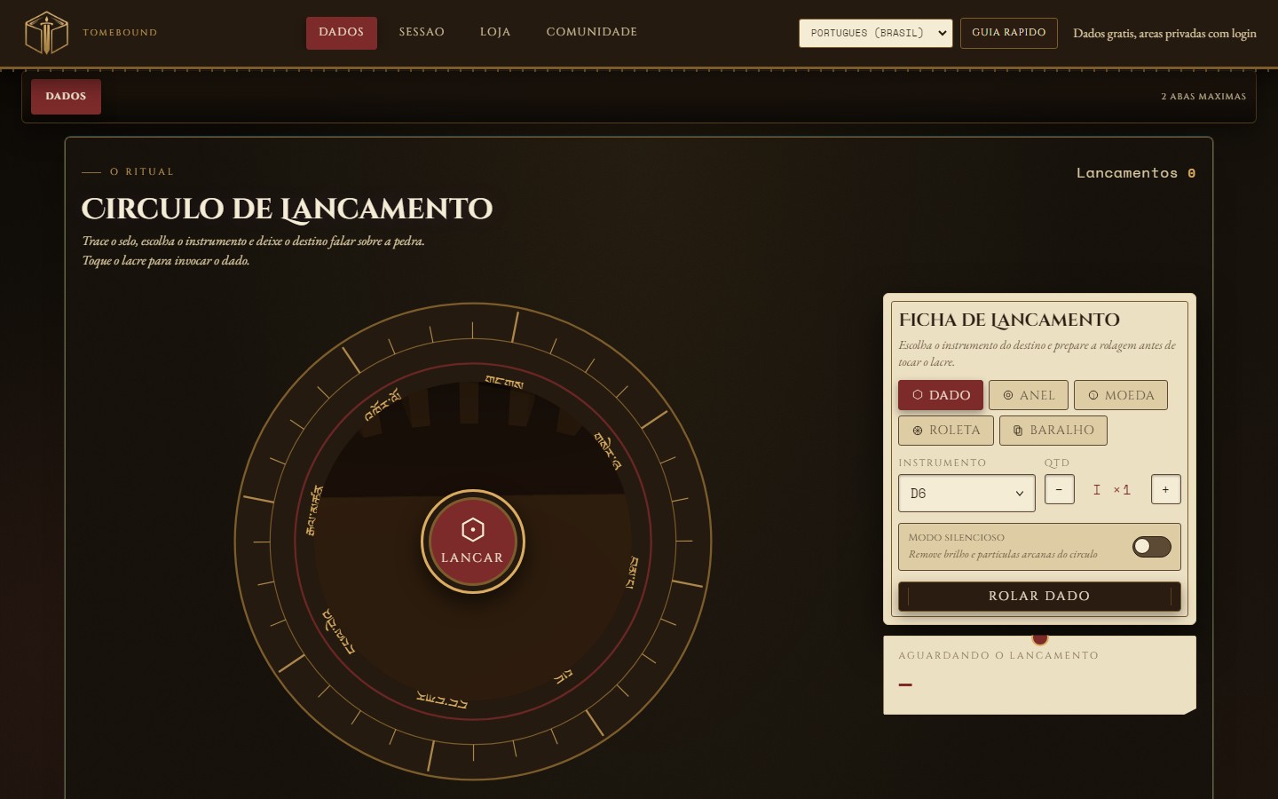 Interface do Tomebound — círculo de lançamento de dados e mesa digital